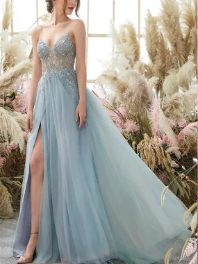 Spaghetti Straps Tulle A-line Backless Long Prom Dress Evening Dress, OL625