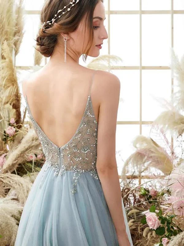 Spaghetti Straps Tulle A-line Backless Long Prom Dress Evening Dress, OL625