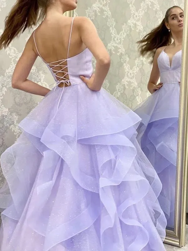 Spaghetti Straps V-neck Tulle Long Prom Dress Formal Dress, OL632