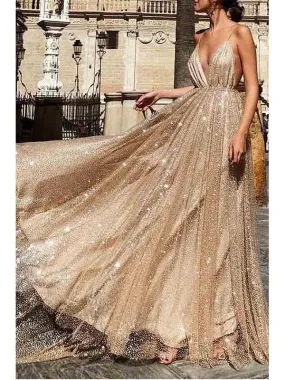 Sparkly Champagne Deep V-neck Tulle Long Prom Dress, OL683