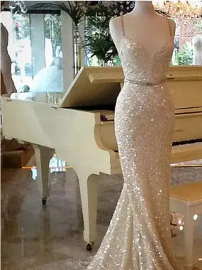 Sparkly Spaghetti Straps Mermaid Gold Prom Dress, DB10976