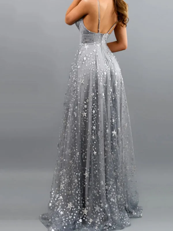 Sparkly Spaghetti Straps V-neck Side Slit Prom Dress, OL555