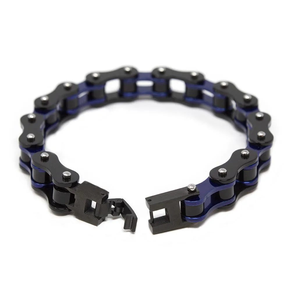 Stainless Steel Black and Blue Bike Chain Bracelet