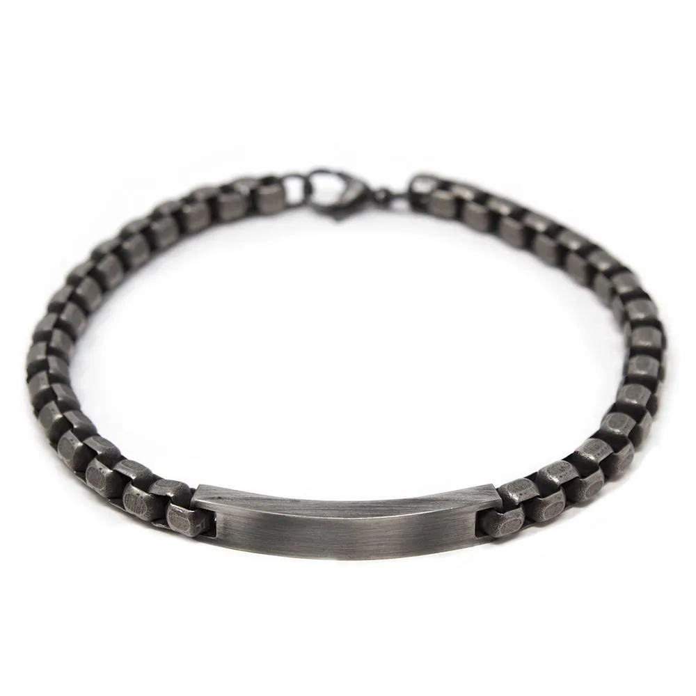 Stainless Steel Black Oxidized Box Chain ID Bracelet