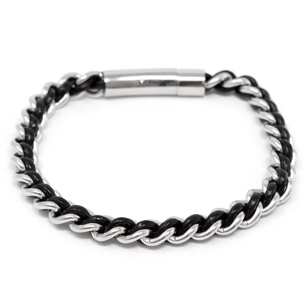 Stainless Steel Bracelet Black Leather Braided in Chain