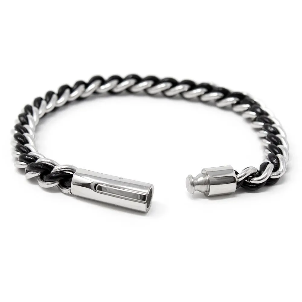 Stainless Steel Bracelet Black Leather Braided in Chain