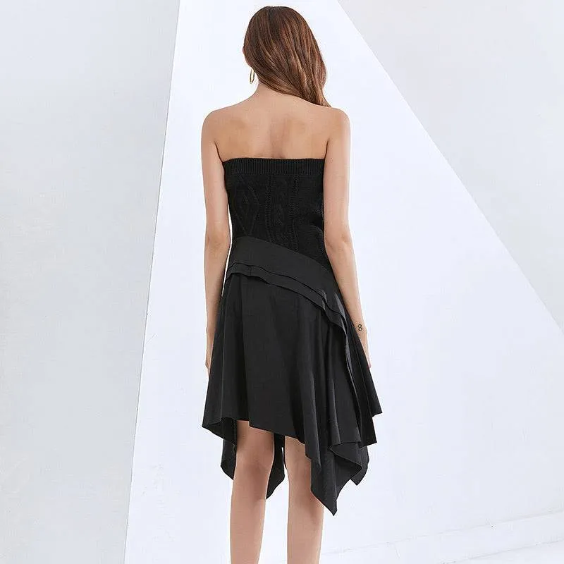 Strapless Knit Irregular Skirt Dress in Black