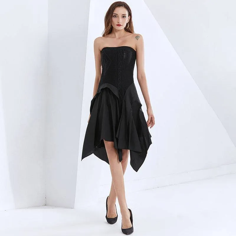 Strapless Knit Irregular Skirt Dress in Black