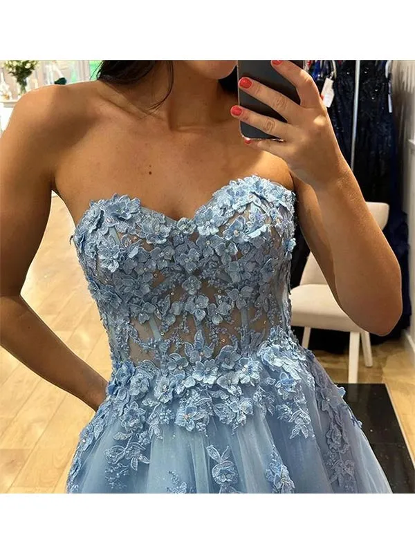 Sweetheart Neck Light Blue Long Lace Prom Dress Evening Dress, OL599