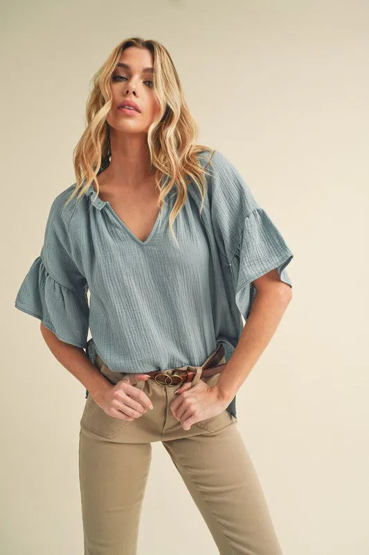 Tes 3/4 Sleeve Ruffle Top