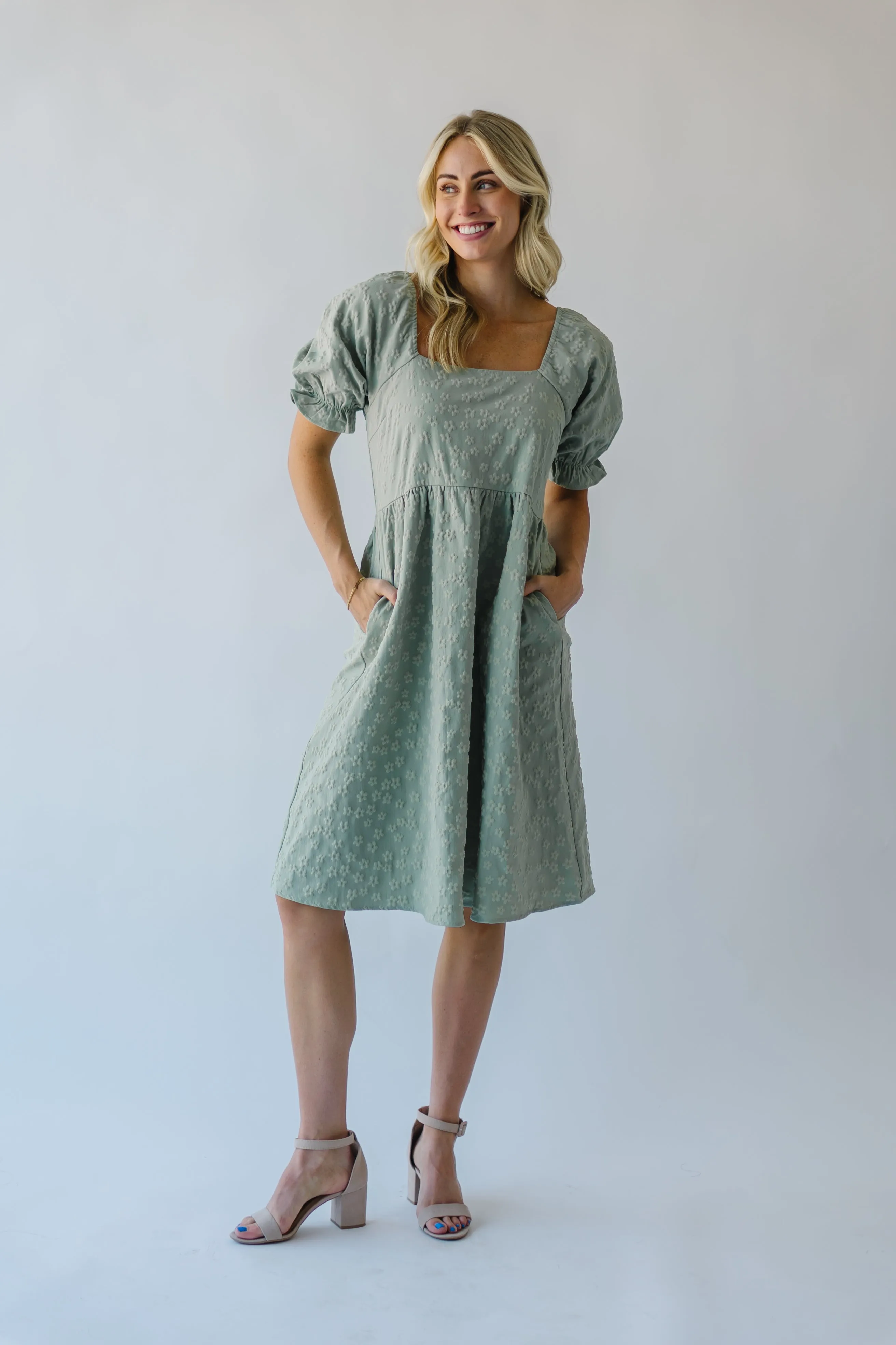 The Shasta Floral Square Neck Dress in Dusty Sage