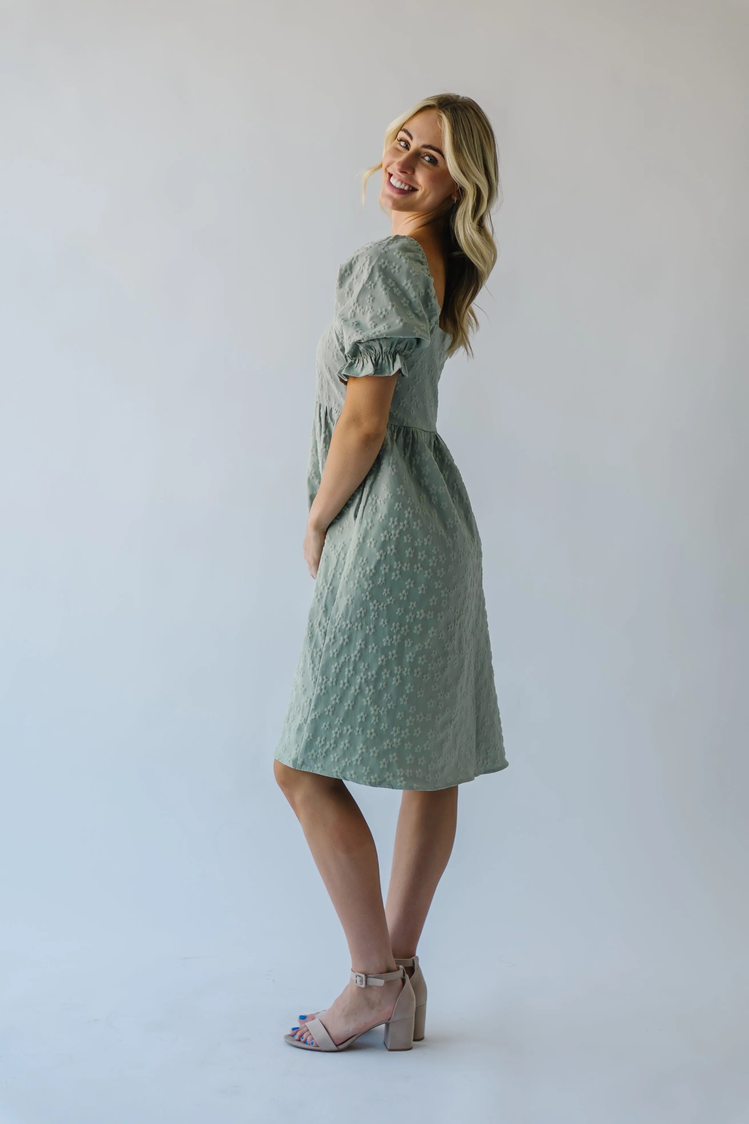 The Shasta Floral Square Neck Dress in Dusty Sage