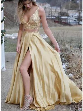 Two Piece Prom Dress A-line V-neck Gold Satin Beading Evening Dress, OL697