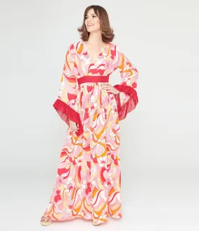 Unique Vintage 1960s Pink & Red Psychedelic Floral Maxi Dress