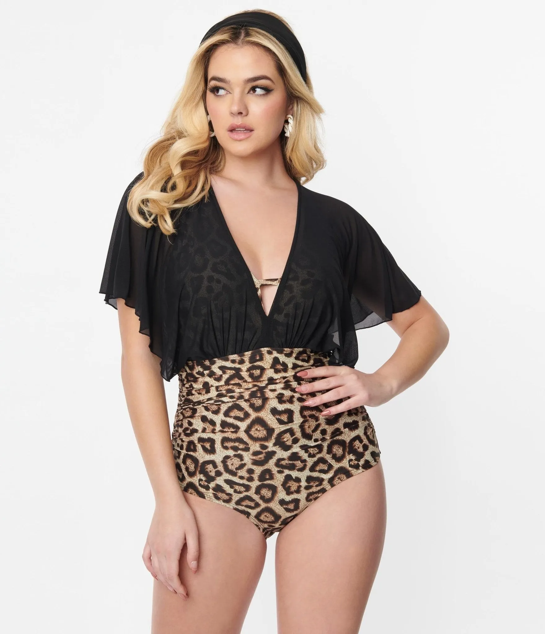 Unique Vintage Leopard & Black Mesh Sleeved Torrey Swimsuit