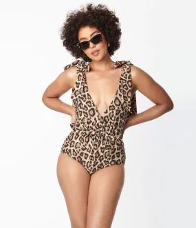 Unique Vintage Leopard Print Plunge One Piece Swimsuit