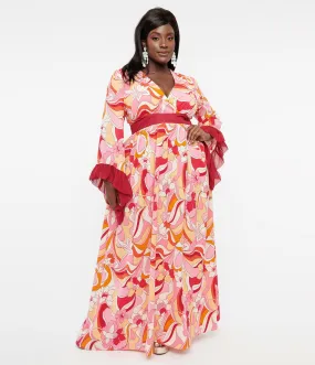 Unique Vintage Plus Size 1960s Pink & Red Psychedelic Floral Maxi Dress