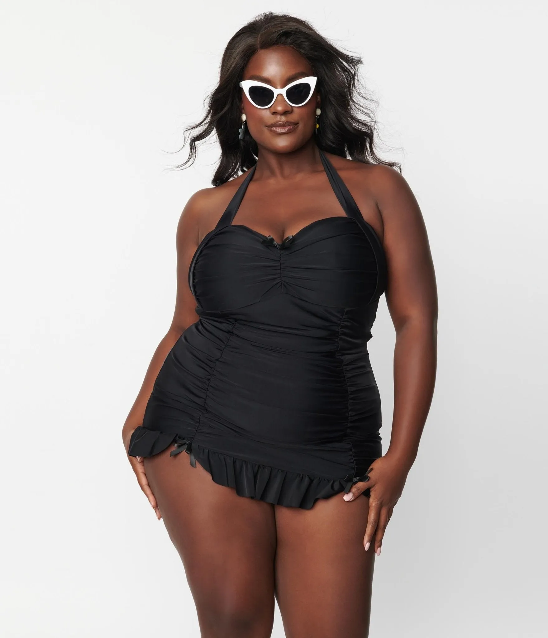 Unique Vintage Plus Size Black Halter Swim Dress