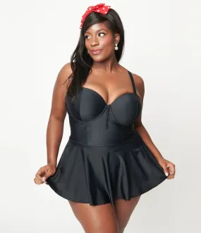 Unique Vintage Plus Size Black Skirted One Piece Swimsuit