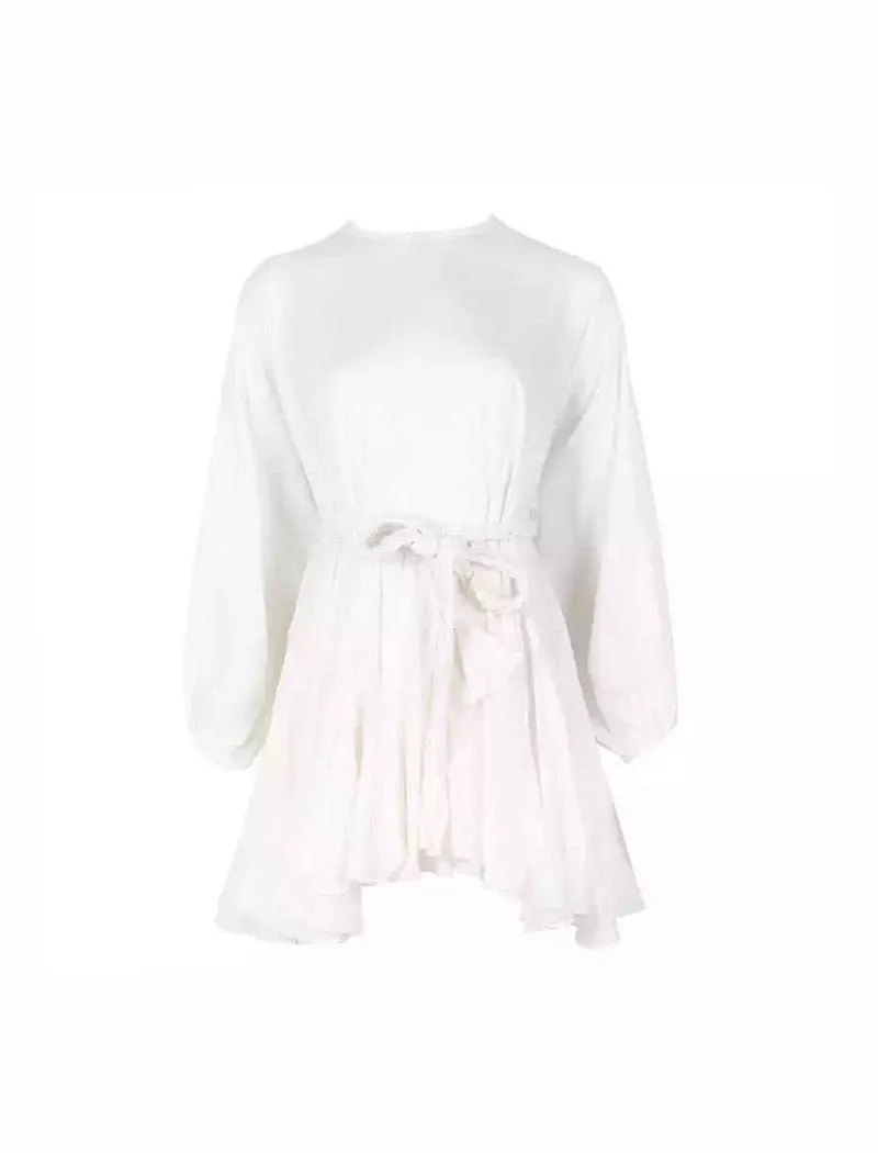 White Ruffled and Frilled Skirt Belted Short Dress