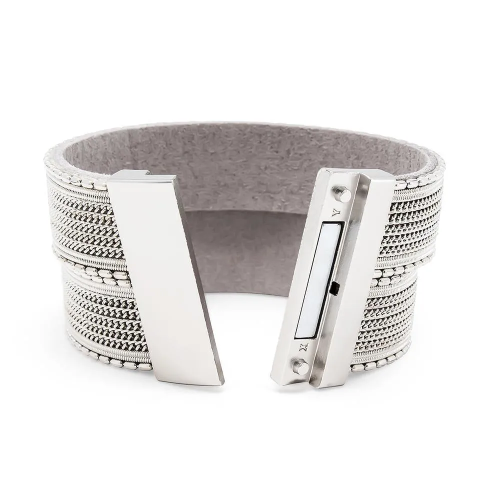 Wide Leather Bracelet with Bar Chain Rhodium Plated