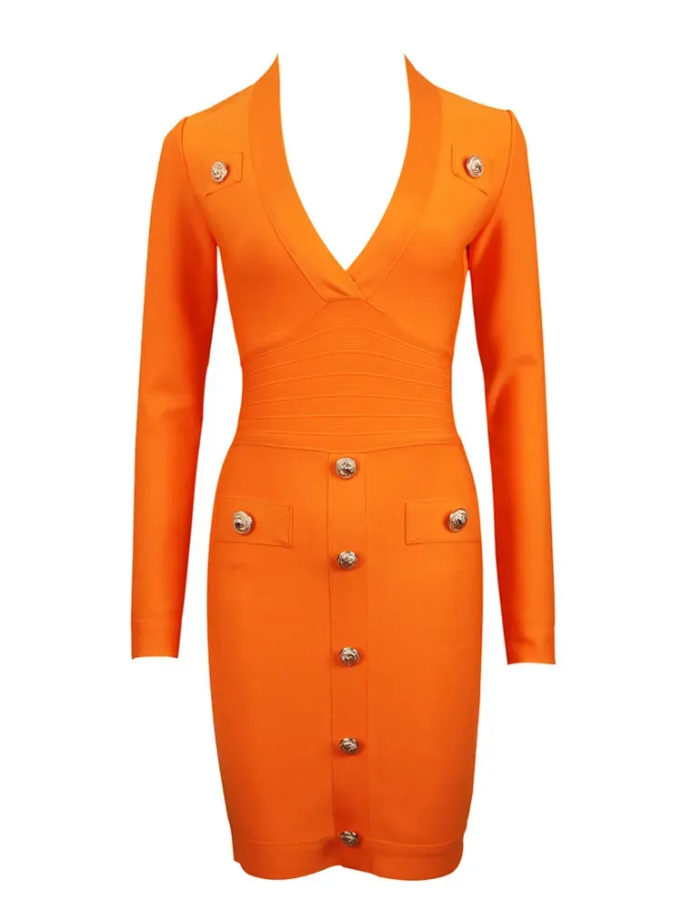 Women Sexy Long Sleeve V Neck Hot Pink Orange Button Winter Bodycon Bandage Dress Elegant Celebrity Evening  Party Dress