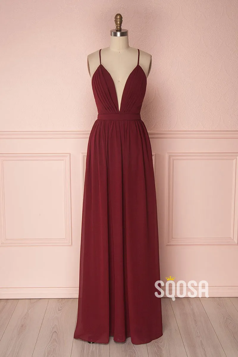 Women's Spaghetti Straps V-neck Chiffon Long Bridesmaid Dress QB2138