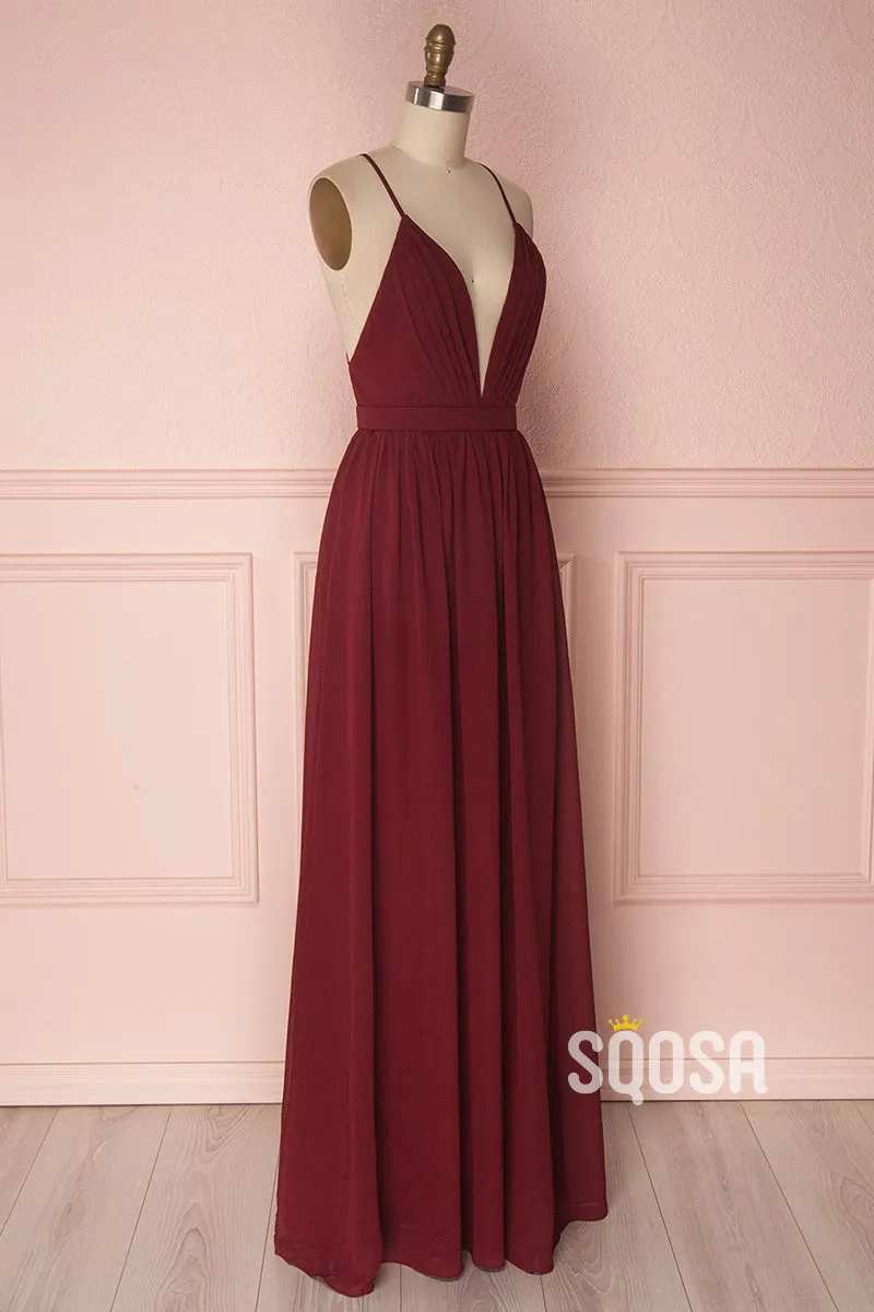 Women's Spaghetti Straps V-neck Chiffon Long Bridesmaid Dress QB2138