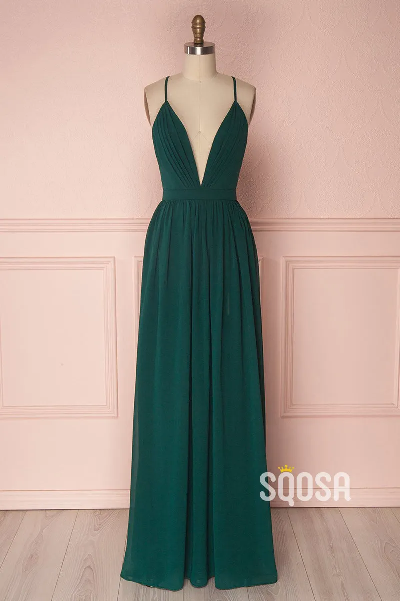 Women's Spaghetti Straps V-neck Chiffon Long Bridesmaid Dress QB2138