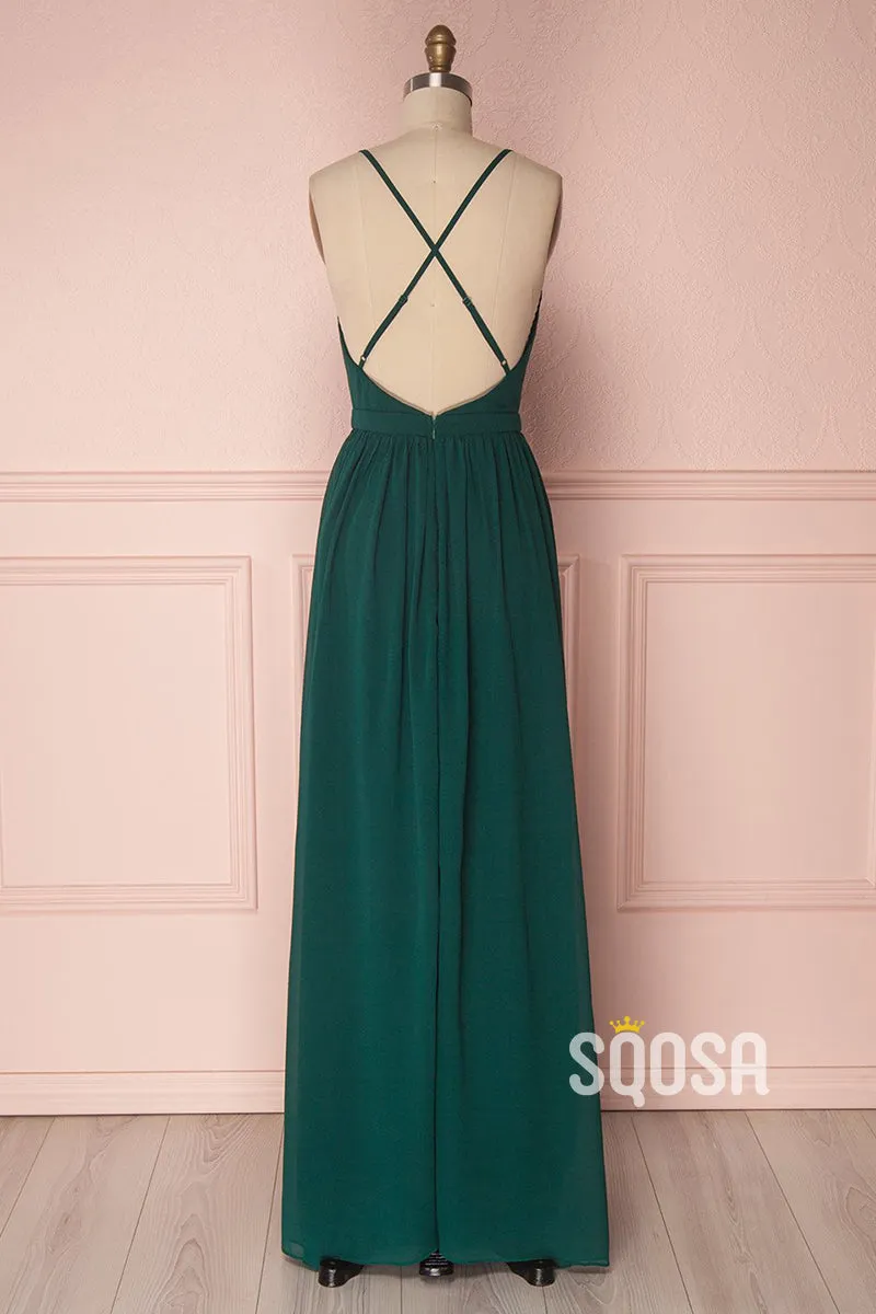 Women's Spaghetti Straps V-neck Chiffon Long Bridesmaid Dress QB2138