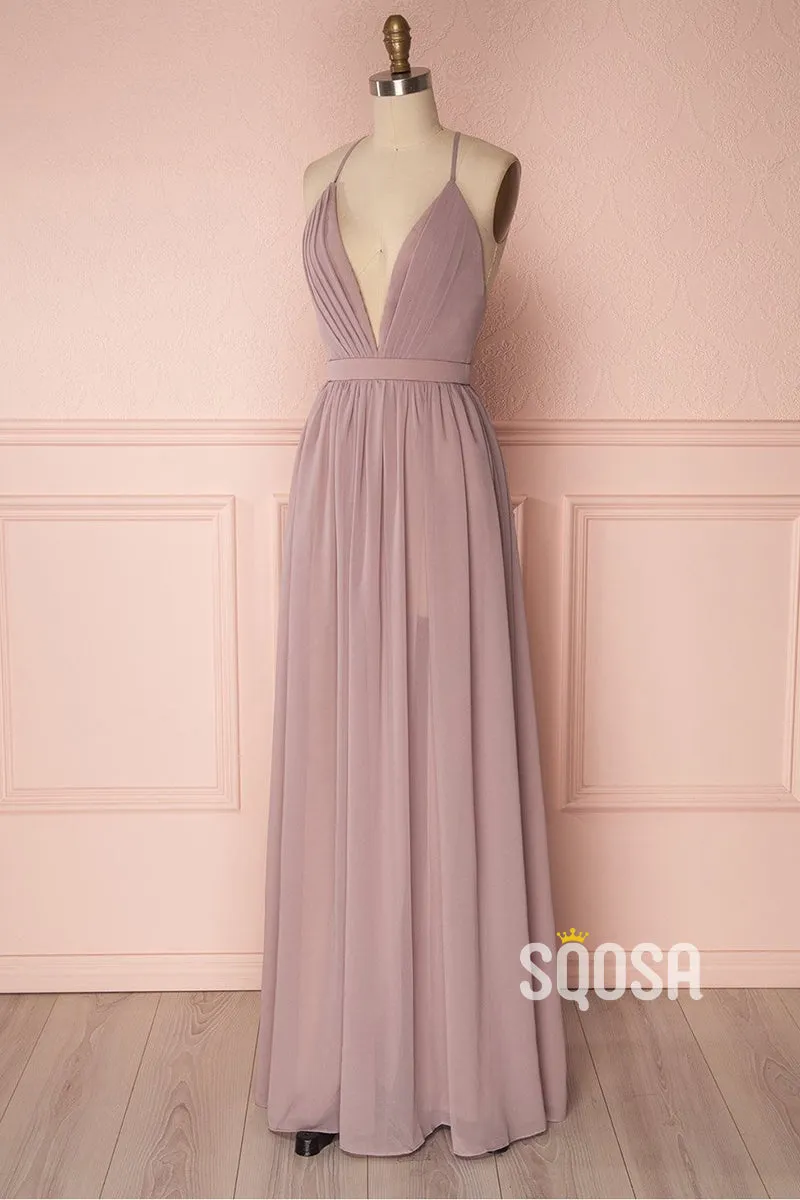 Women's Spaghetti Straps V-neck Chiffon Long Bridesmaid Dress QB2138