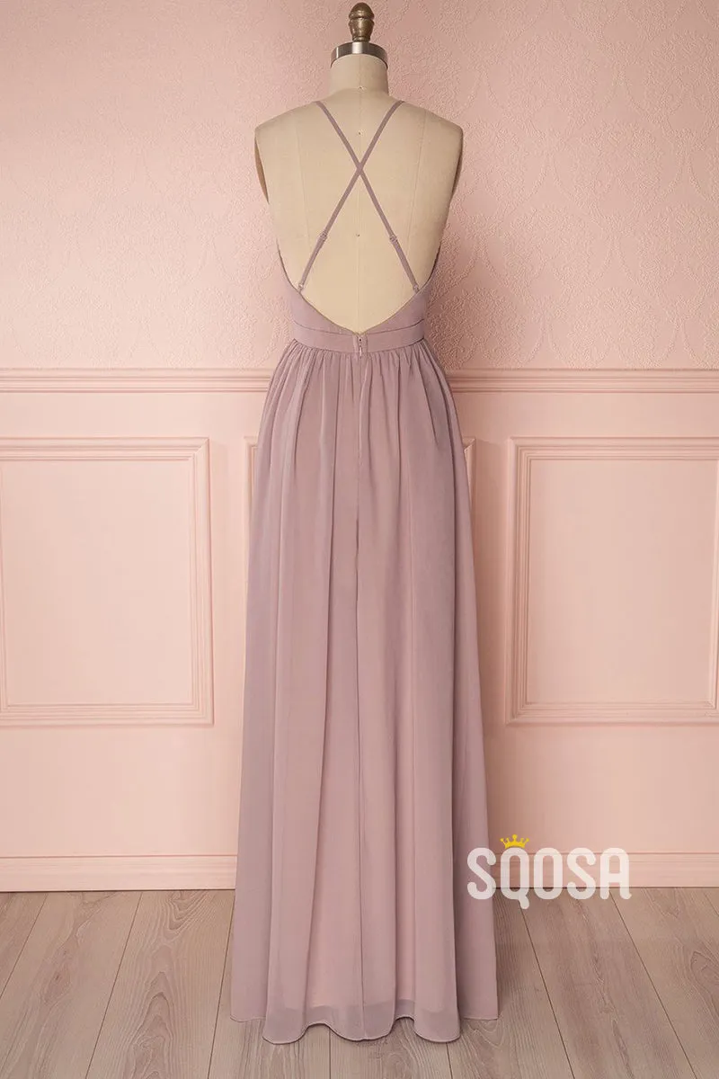 Women's Spaghetti Straps V-neck Chiffon Long Bridesmaid Dress QB2138