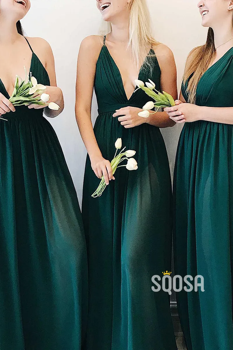 Women's Spaghetti Straps V-neck Chiffon Long Bridesmaid Dress QB2138