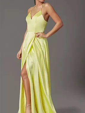 Yellow Spaghetti Straps V-neck Prom Dress with Side Slit, DB10991