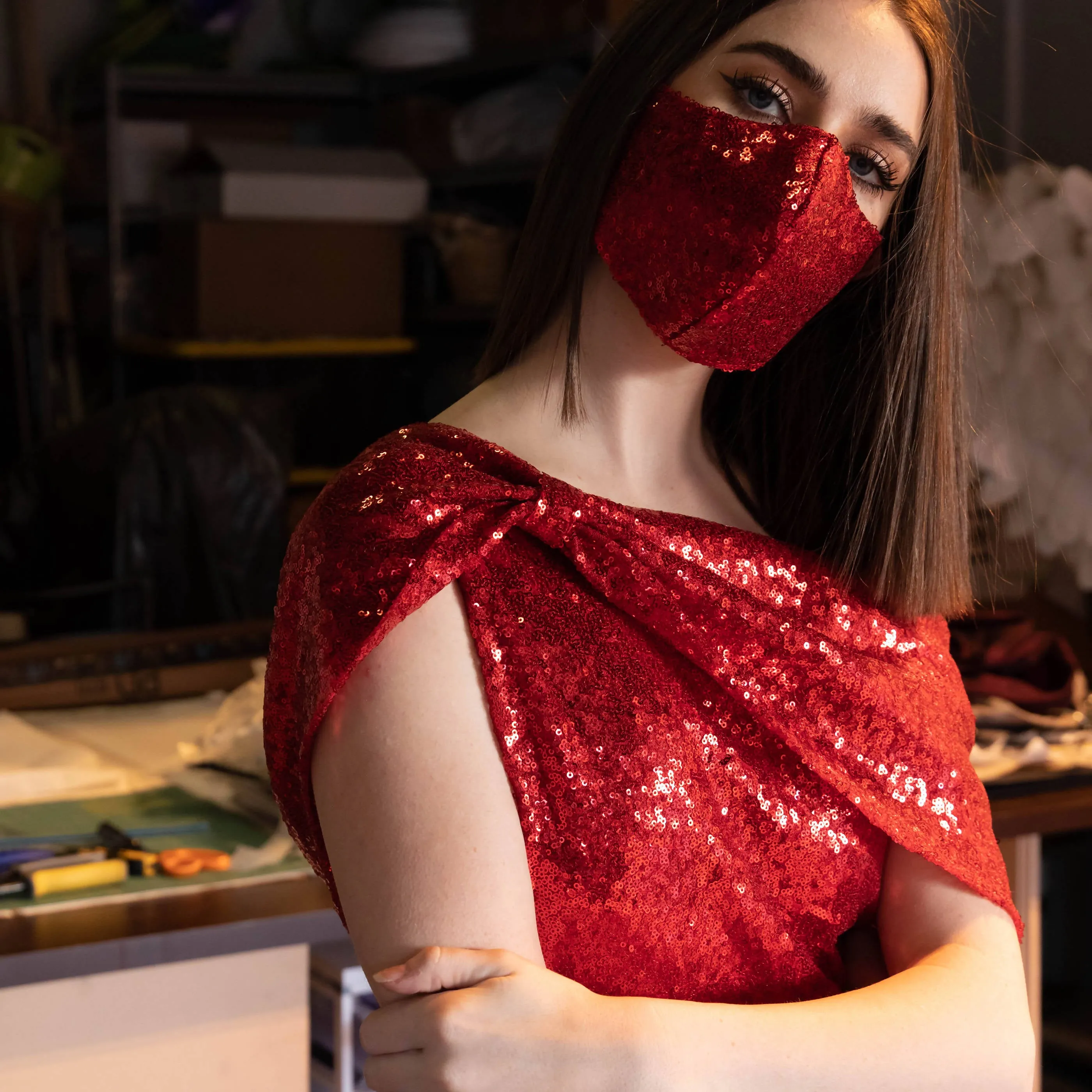 Yennie Zhou Designs - Red Sequin Off Shoulder Floor Length Dress w/ Slit and Matching Mask